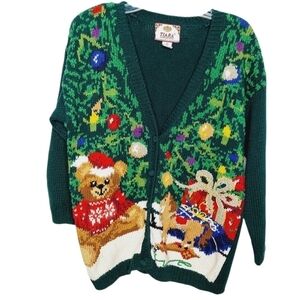 Vintage Womens TIARA Ugly Christmas Sweater Cradigan Small Grannycore 90's Green